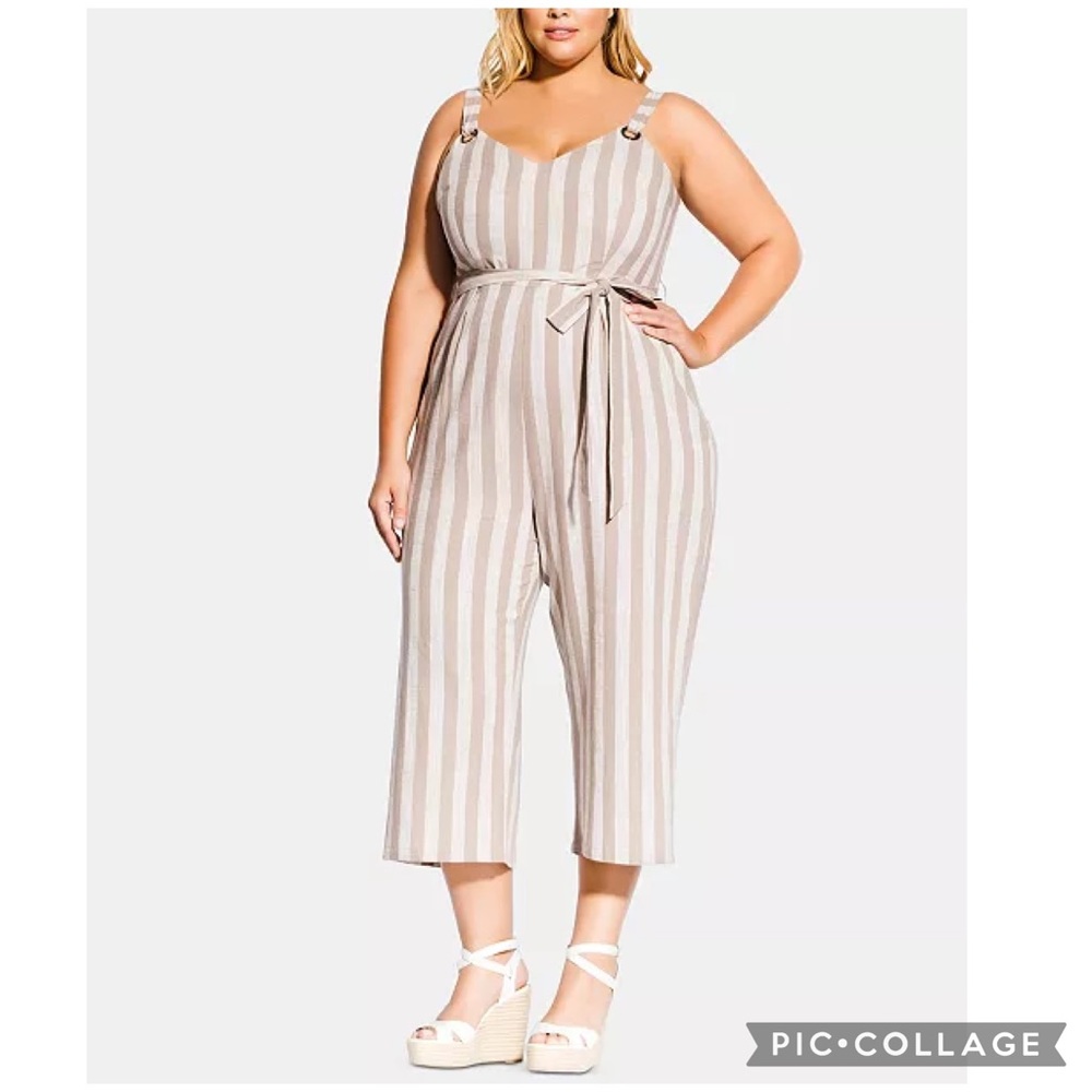 City Chic Beige and White Striped Wide-Leg Jumpsuit